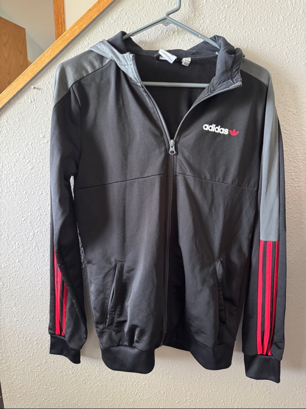 adidas youth XL Black Jacket with Gray Panels and Red Stripe Sleeves